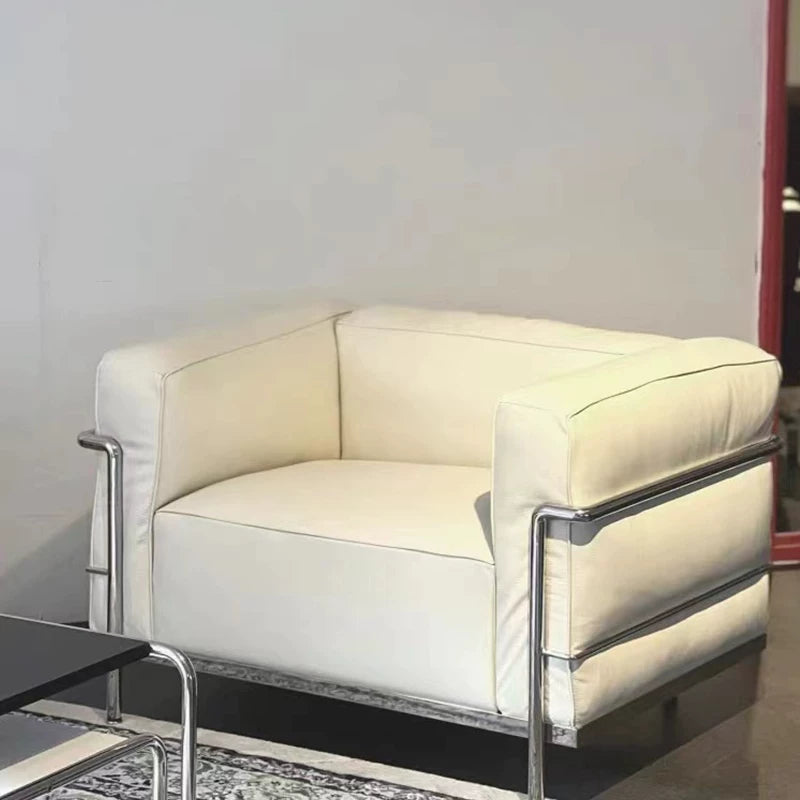 Box Frame Leather Lounge Sofa polished metal frame detail