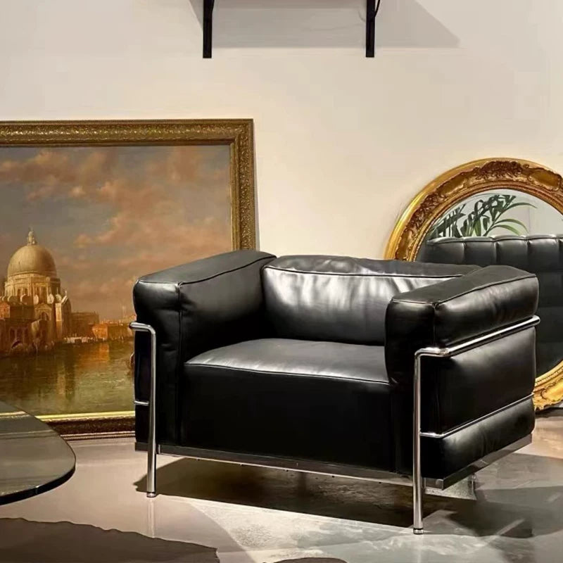 Box Frame Leather Lounge Sofa cushion and stainless steel frame detail