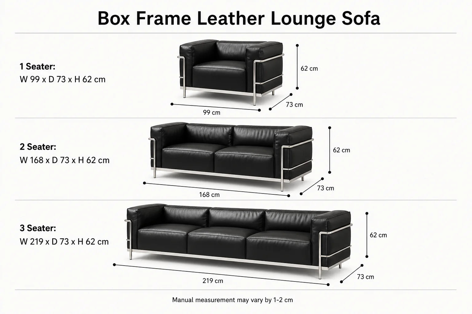 Box Frame Leather Lounge Sofa dimensions diagram