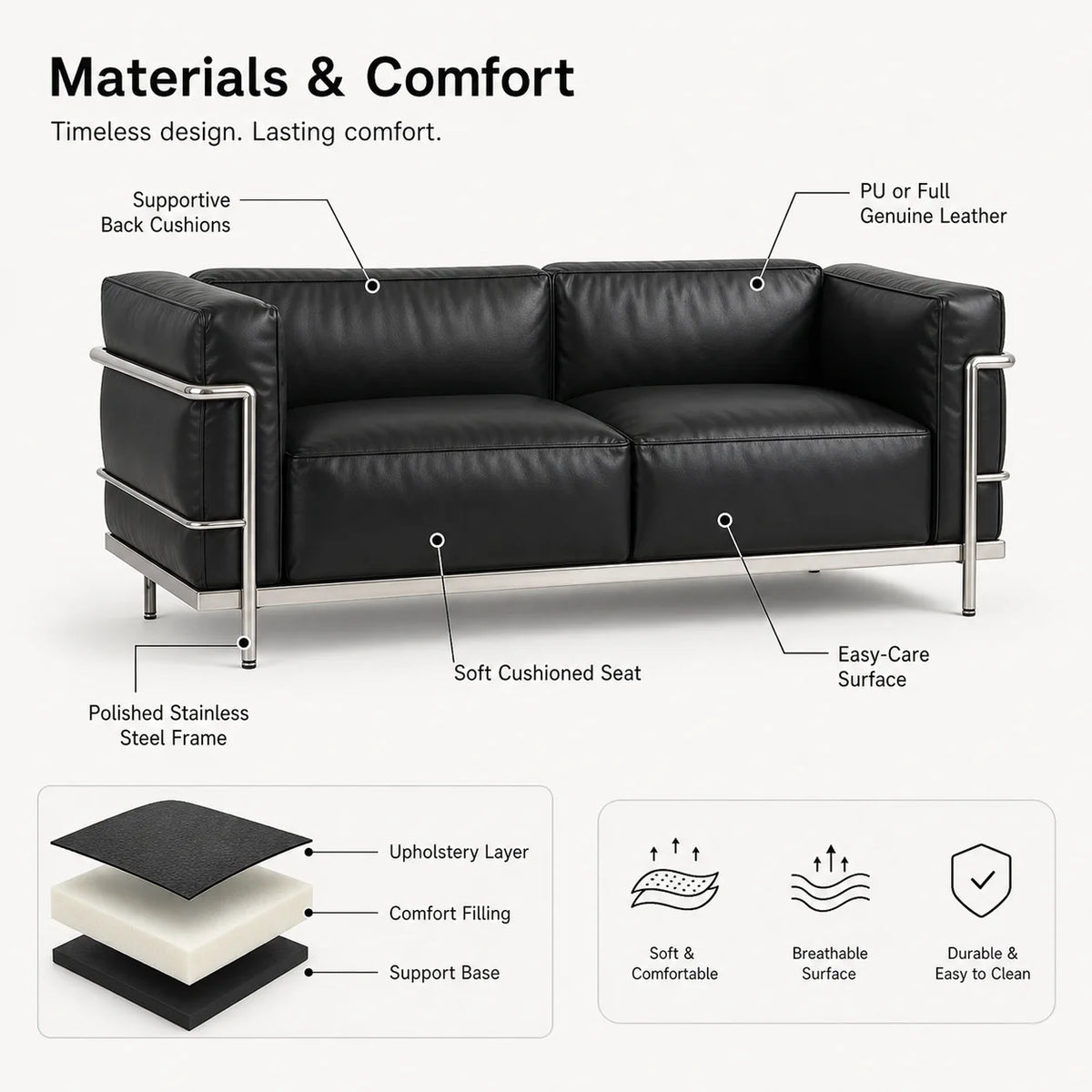 Box Frame Leather Lounge Sofa material and comfort features