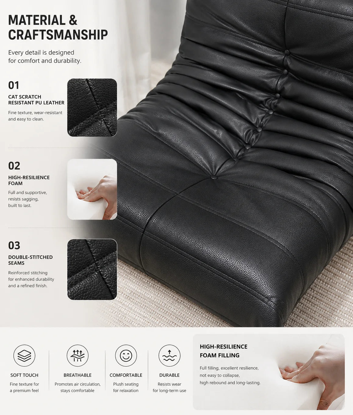 Low Profile Modular Lounge Sofa material and craftsmanship details