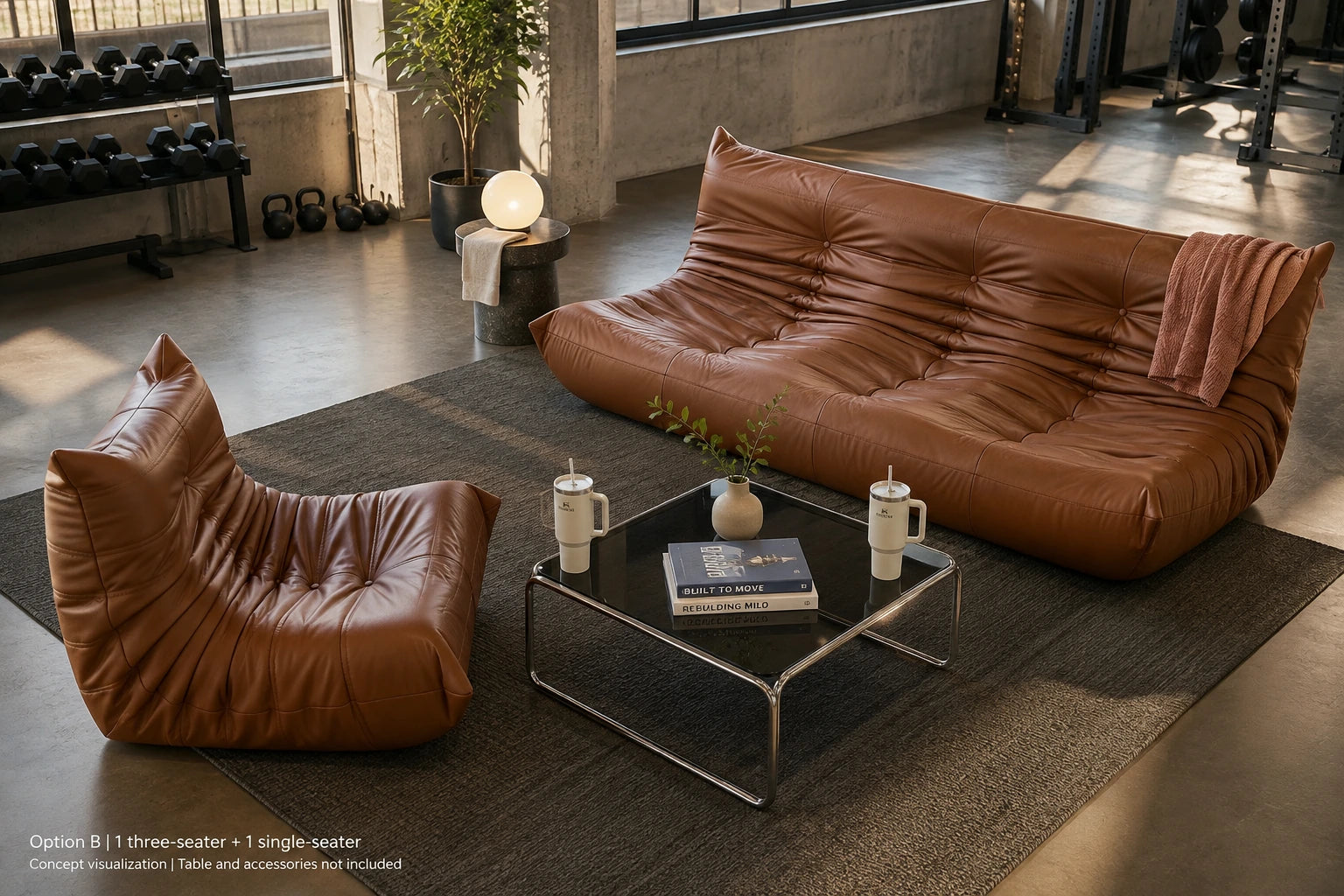 Option B - three-seater and one matching single-seater in an open gym lounge; accessories excluded