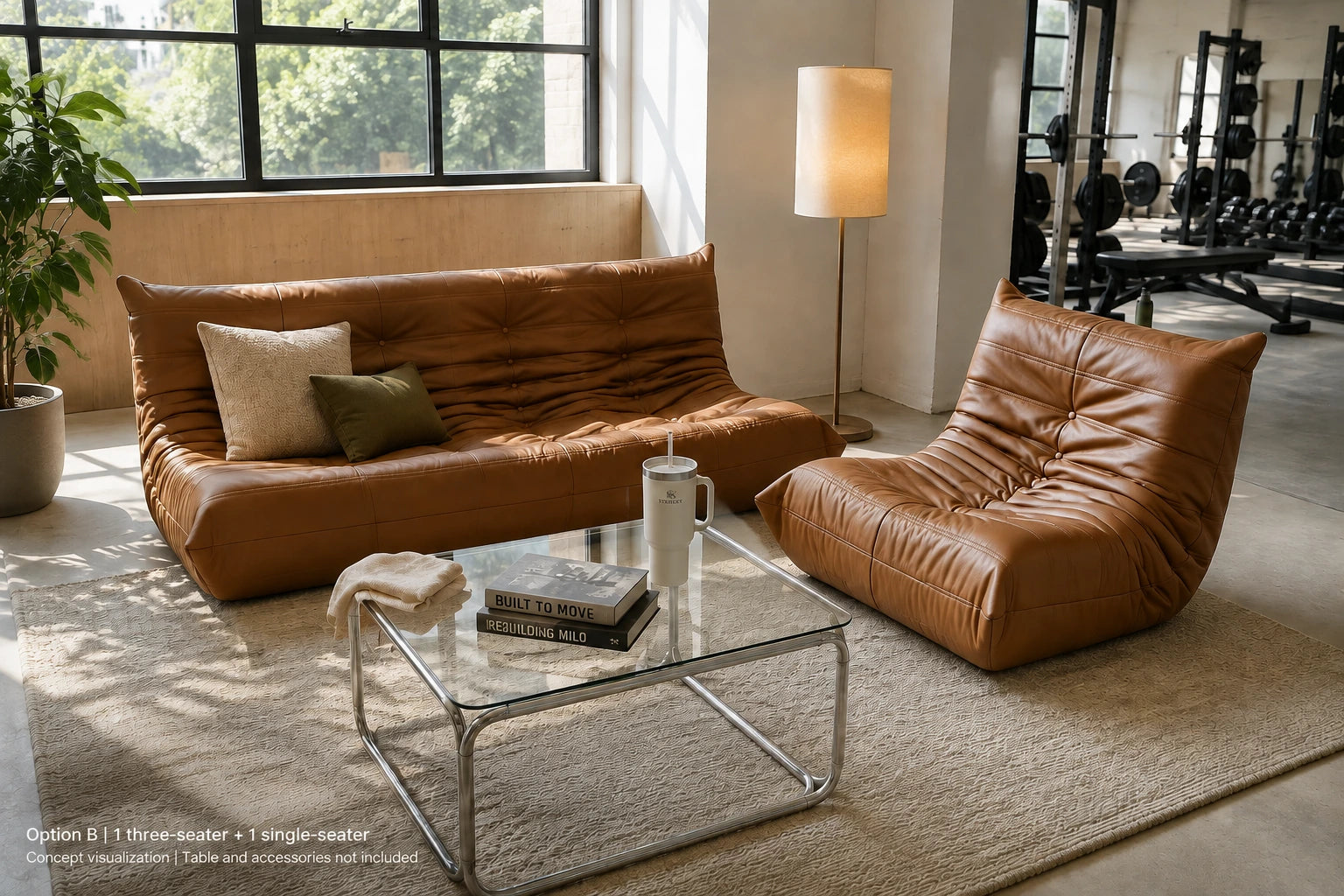 Option B - brown three-seater and matching single-seater in a gym lounge; accessories excluded