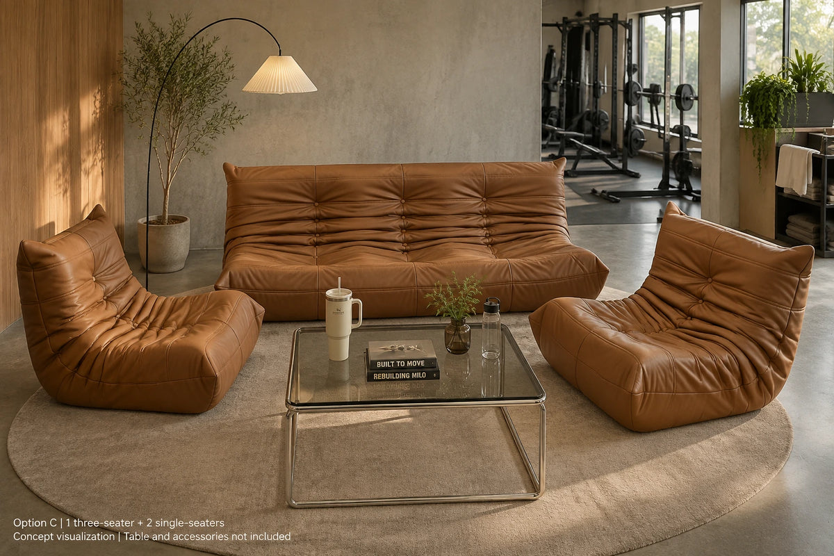 Option C - brown three-seater plus two matching single-seaters in a conversation lounge; accessories excluded