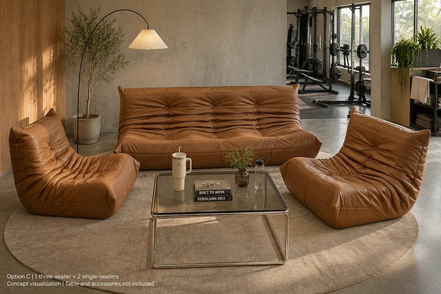 Option C - brown three-seater plus two matching single-seaters in a conversation lounge; accessories excluded