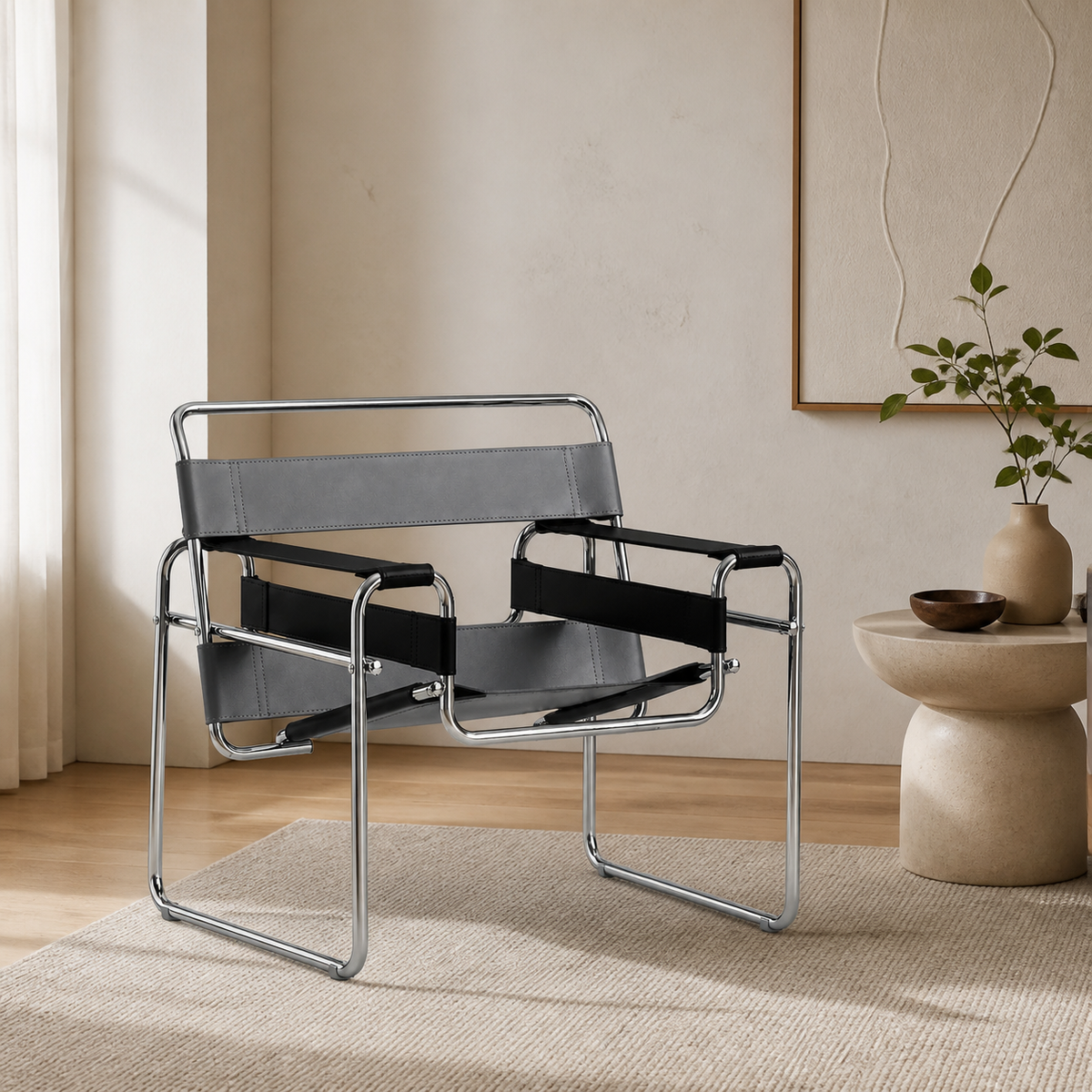 Black tubular steel leather accent chair in a warm minimalist living room, square lifestyle image