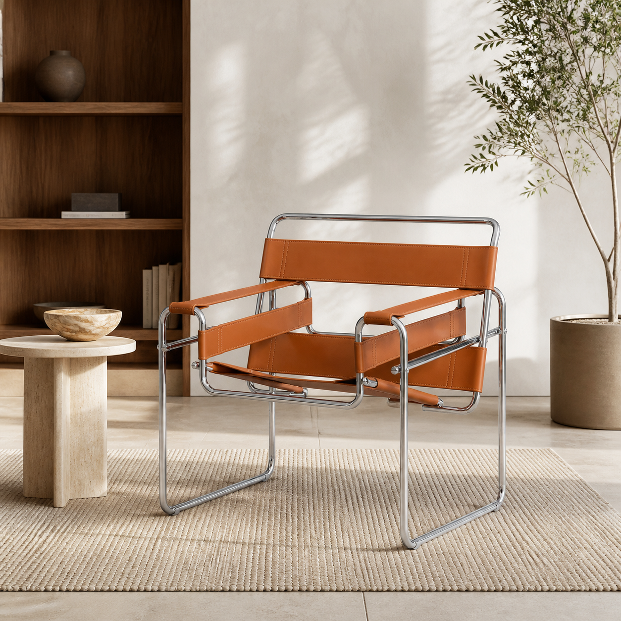 Cognac tubular steel leather accent chair in a refined contemporary living room, square lifestyle image