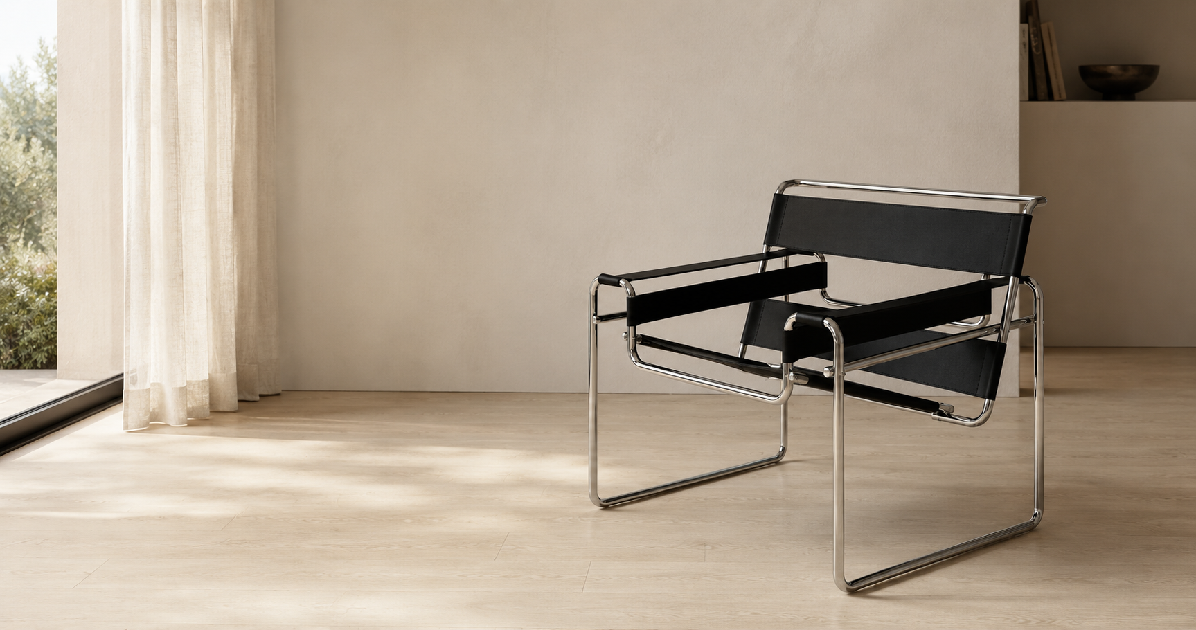 Tubular Steel Leather Accent Chair in a warm modern interior